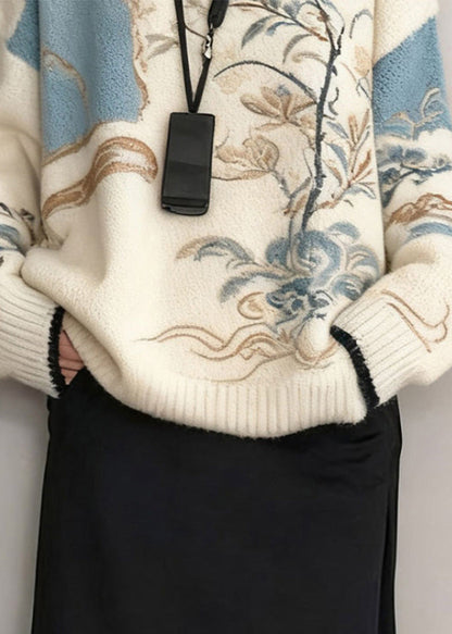 French White Plants Cozy Knit Sweater Winter