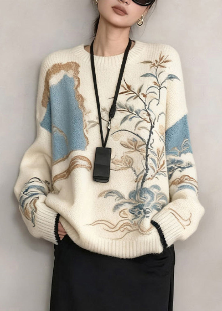 French White Plants Cozy Knit Sweater Winter