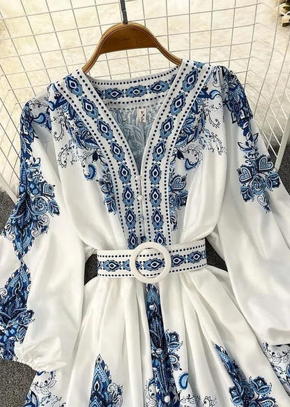 French White Print Cotton Tunic Dress Lantern Sleeve