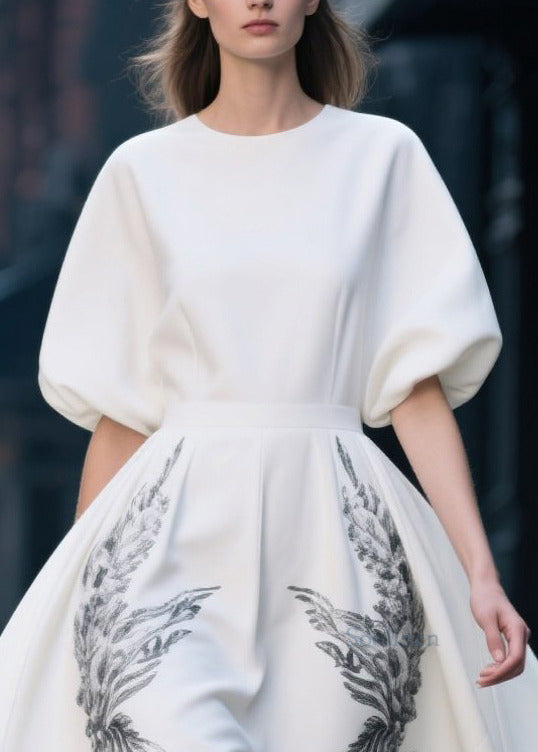 French White Print Exra Large Hem Chiffon Dresses Summer