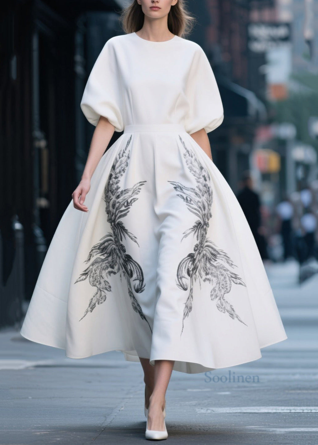 French White Print Exra Large Hem Chiffon Dresses Summer