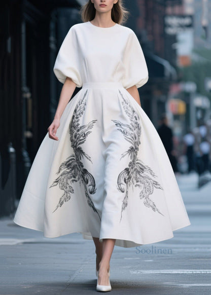 French White Print Exra Large Hem Chiffon Dresses Summer