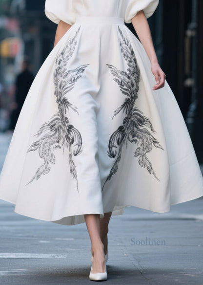 French White Print Exra Large Hem Chiffon Dresses Summer