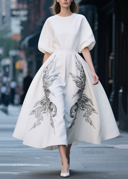 French White Print Exra Large Hem Chiffon Dresses Summer