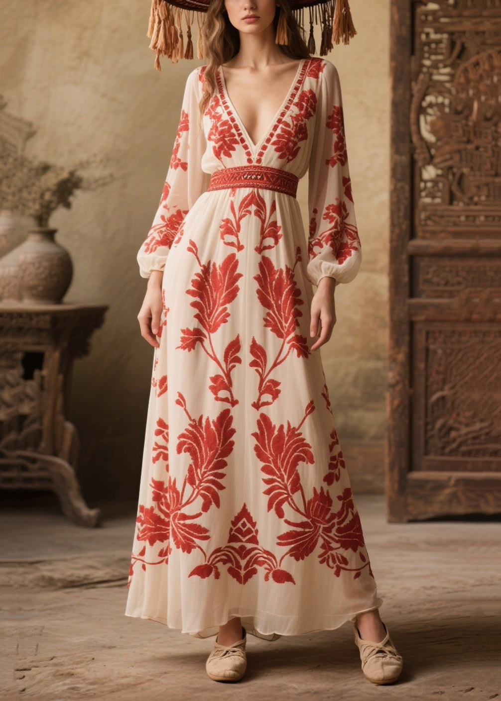 French White Print Exra Large Hem Chiffon Vacation Dresses Fall