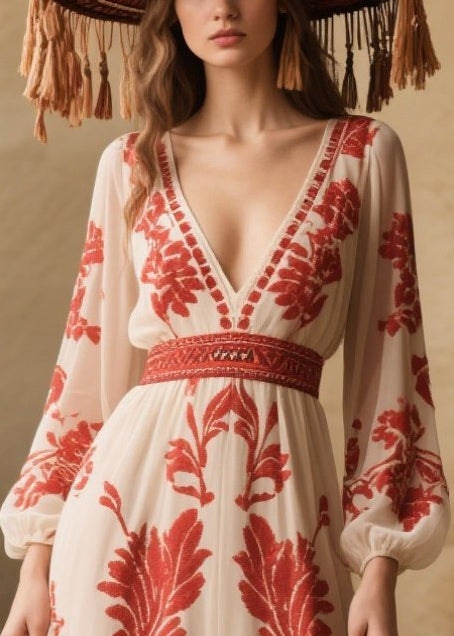 French White Print Exra Large Hem Chiffon Vacation Dresses Fall