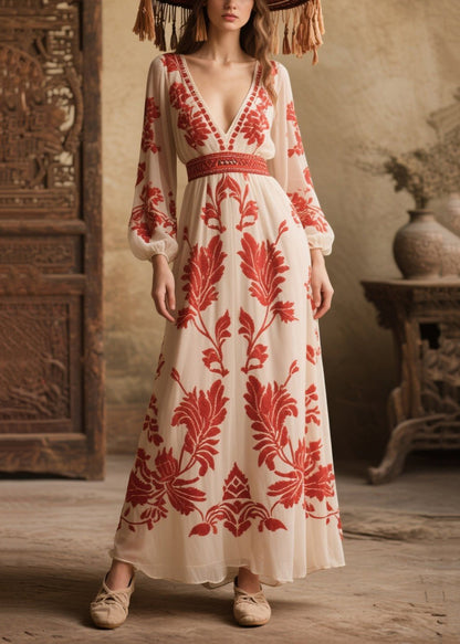 French White Print Exra Large Hem Chiffon Vacation Dresses Fall