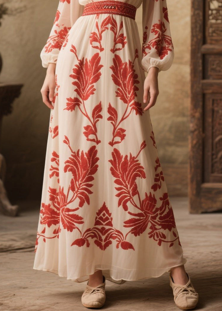 French White Print Exra Large Hem Chiffon Vacation Dresses Fall