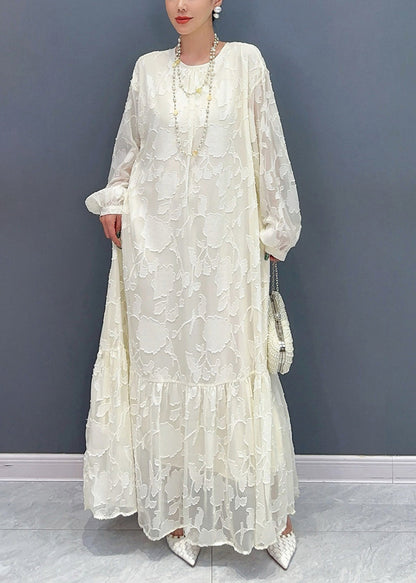 French White Print Patchwork Tulle Long Dress Fall