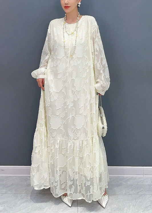 French White Print Patchwork Tulle Long Dress Fall