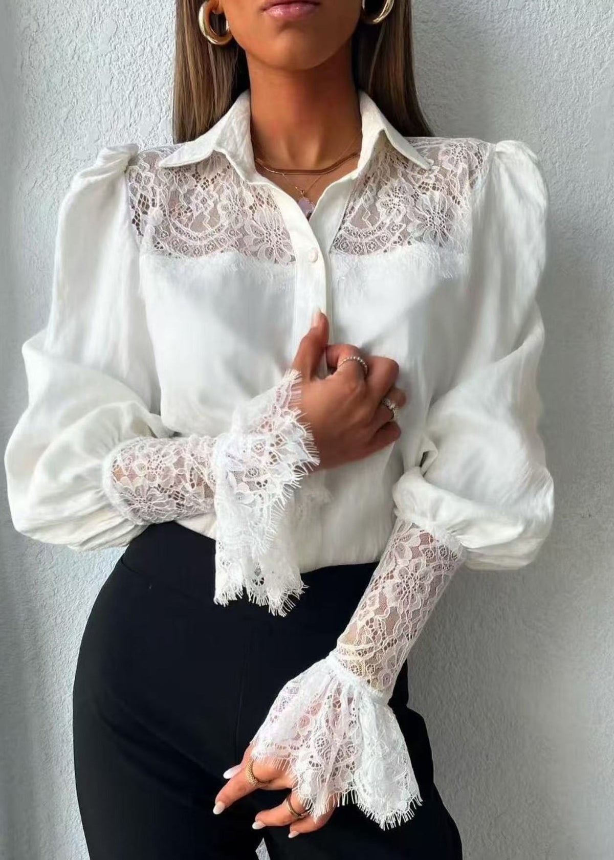 French White Puff Sleeve Patchwork Lace Top