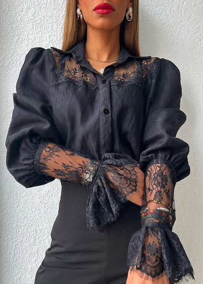 French White Puff Sleeve Patchwork Lace Top
