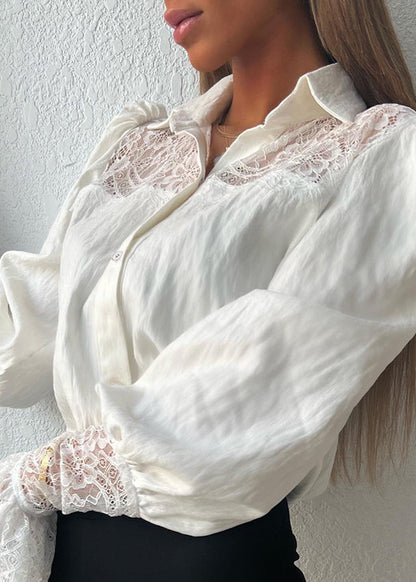 French White Puff Sleeve Patchwork Lace Top