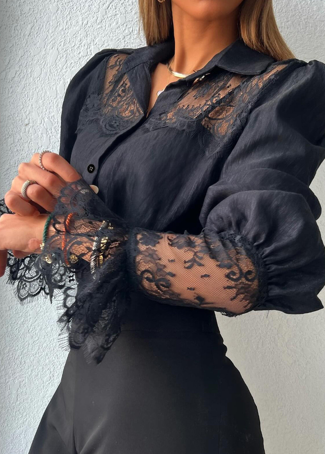 French White Puff Sleeve Patchwork Lace Top
