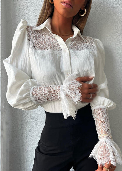 French White Puff Sleeve Patchwork Lace Top