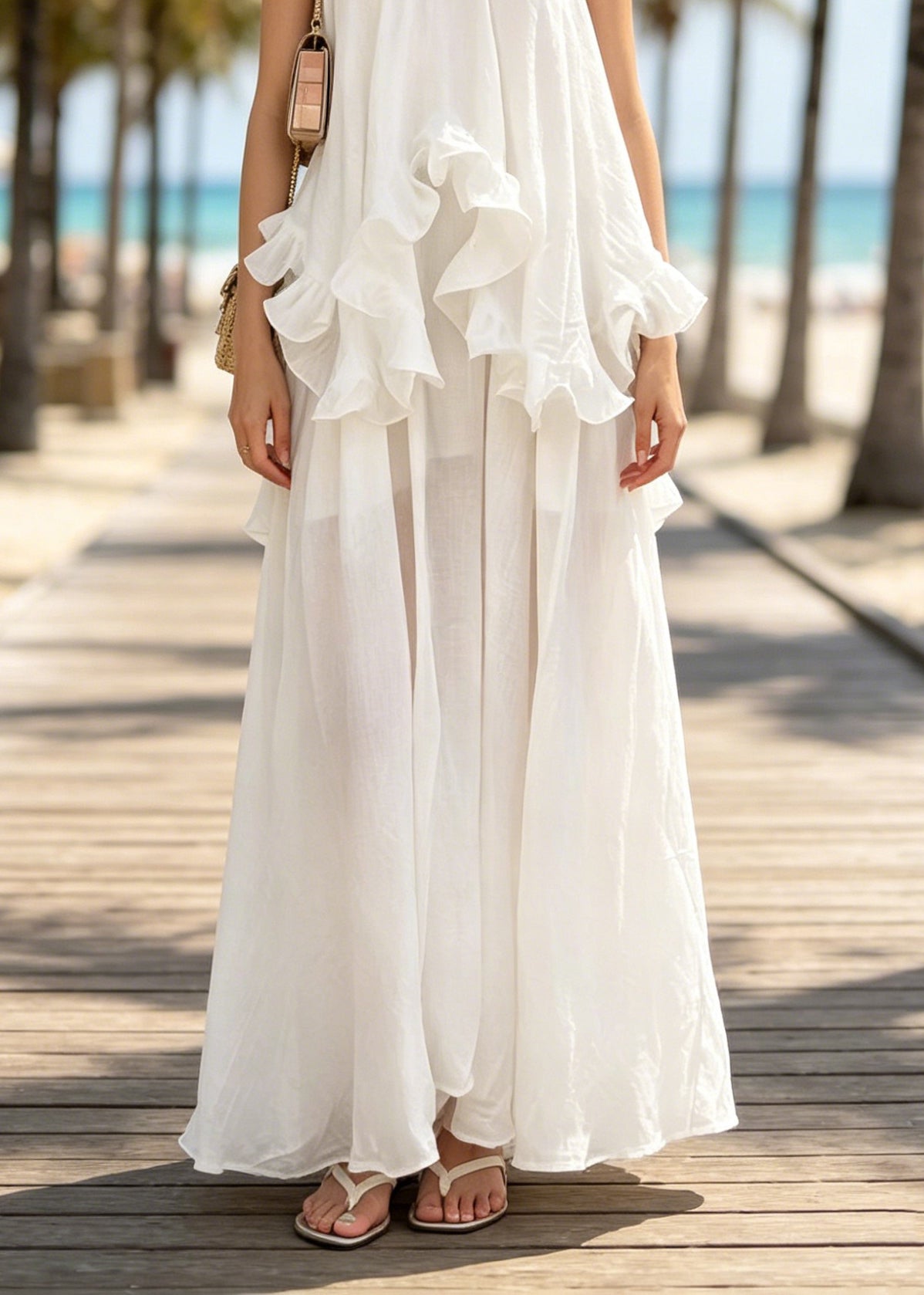 French White Ruffled False Two Pieces Cotton Spaghetti Strap Dresses Summer