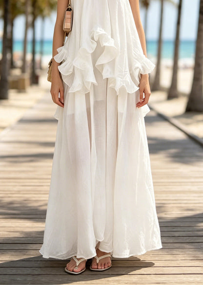 French White Ruffled False Two Pieces Cotton Spaghetti Strap Dresses Summer