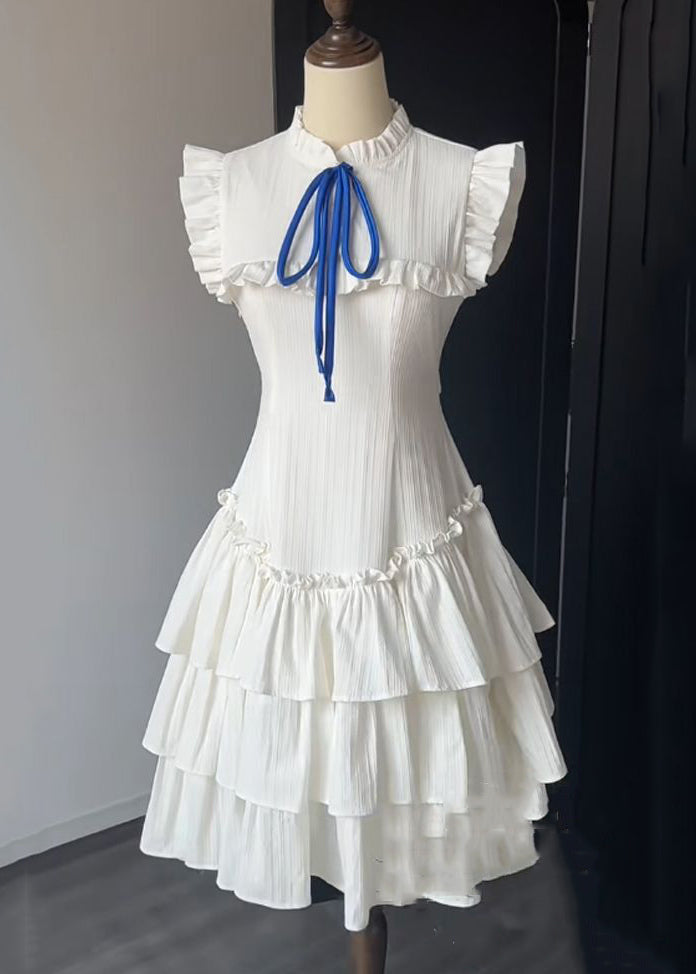 French White Ruffled Lace Up Solid Cotton Dress Sleeveless