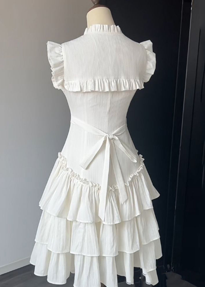 French White Ruffled Lace Up Solid Cotton Dress Sleeveless