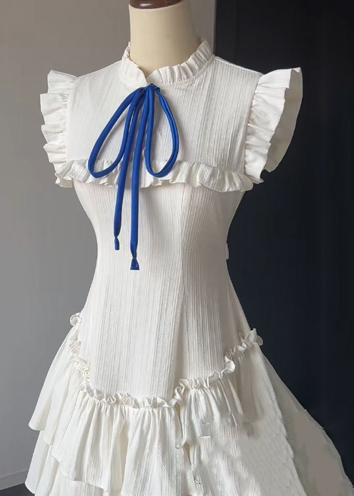 French White Ruffled Lace Up Solid Cotton Dress Sleeveless