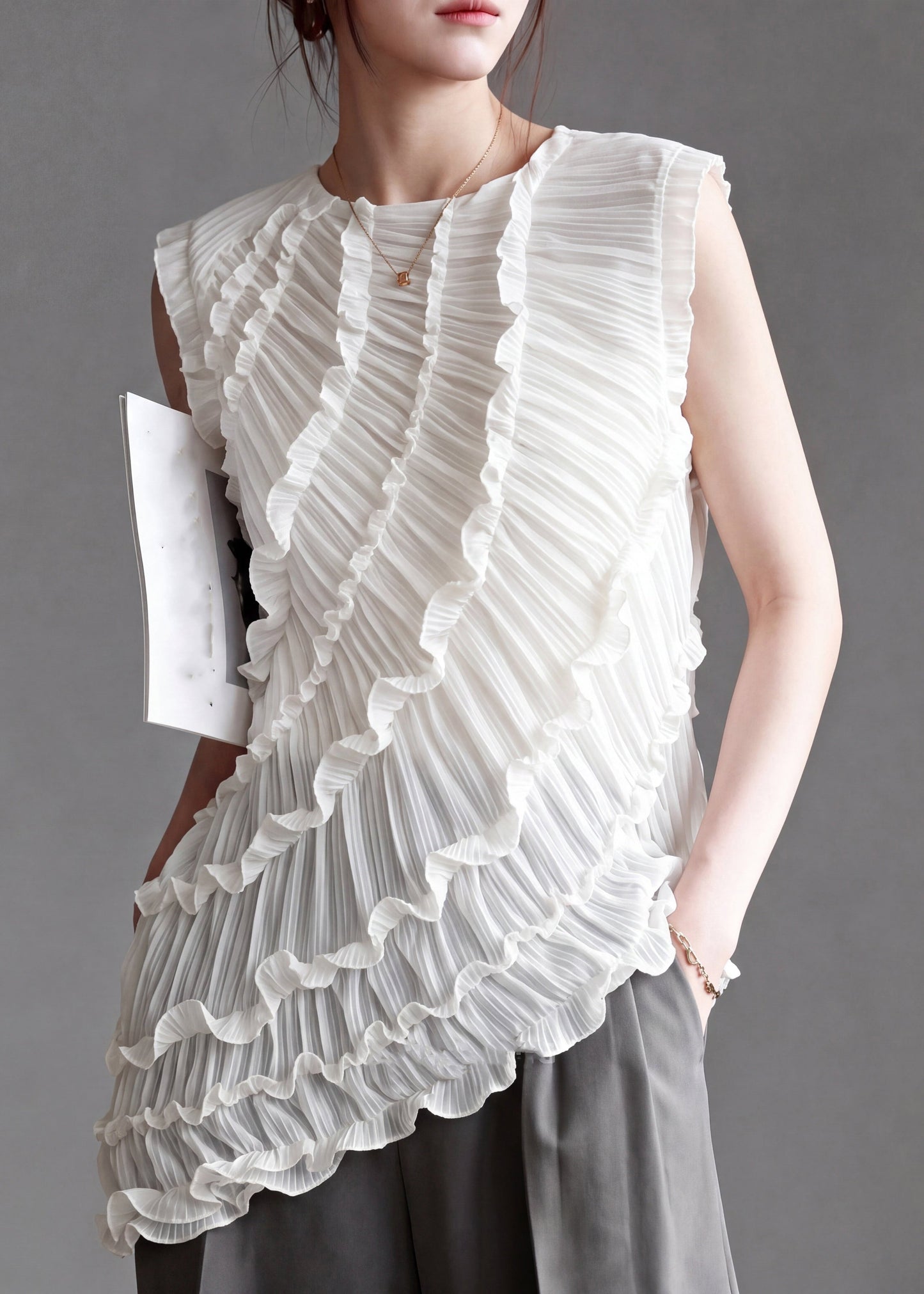 French White Ruffled Patchwork Asymmetrical Vest Sleeveless