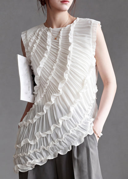 French White Ruffled Patchwork Asymmetrical Vest Sleeveless