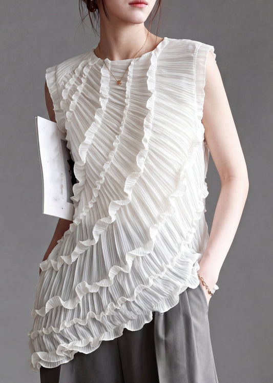 French White Ruffled Patchwork Asymmetrical Vest Sleeveless