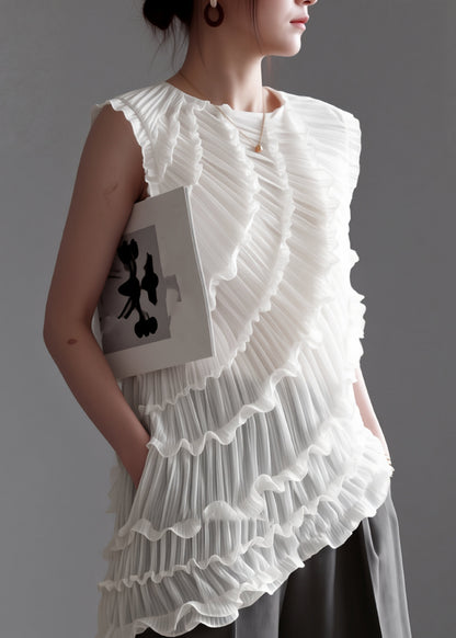 French White Ruffled Patchwork Asymmetrical Vest Sleeveless