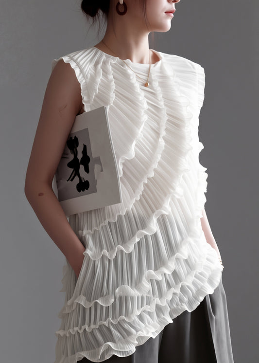 French White Ruffled Patchwork Asymmetrical Vest Sleeveless