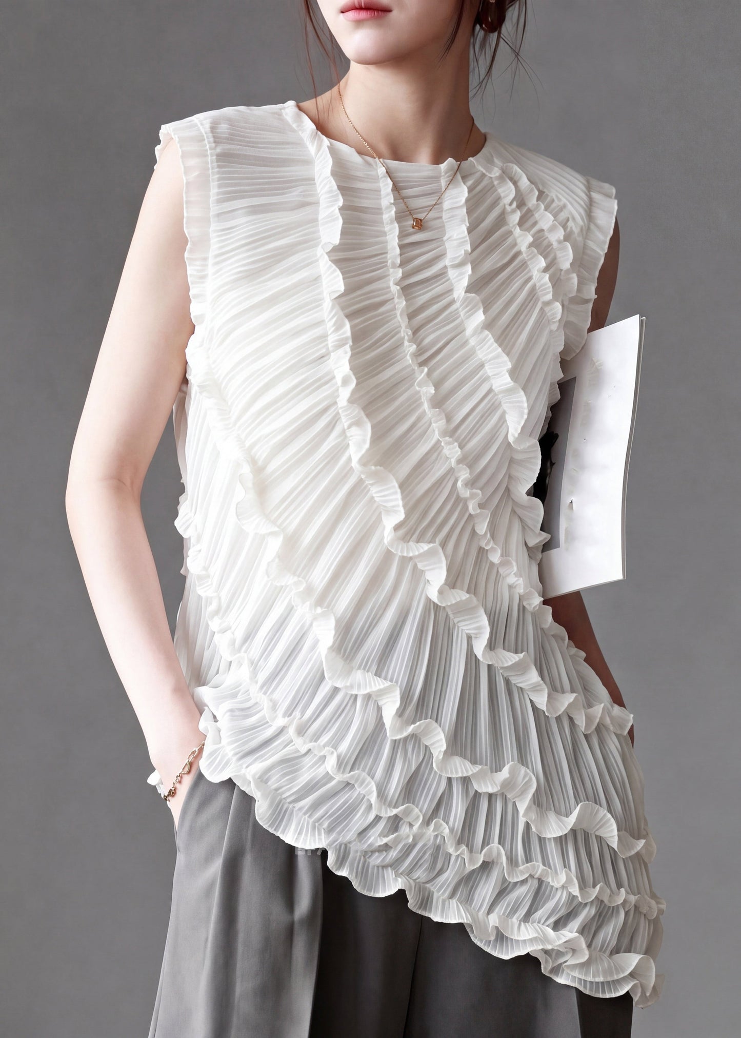 French White Ruffled Patchwork Asymmetrical Vest Sleeveless