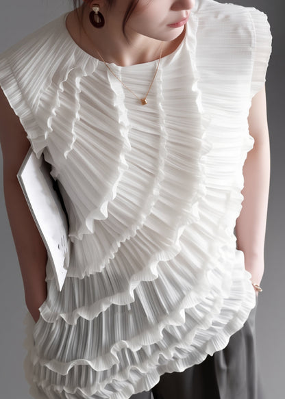 French White Ruffled Patchwork Asymmetrical Vest Sleeveless