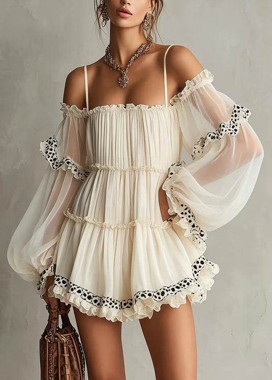 French White Ruffled Print Slash Neck Wrinkled Mini Dress Summer