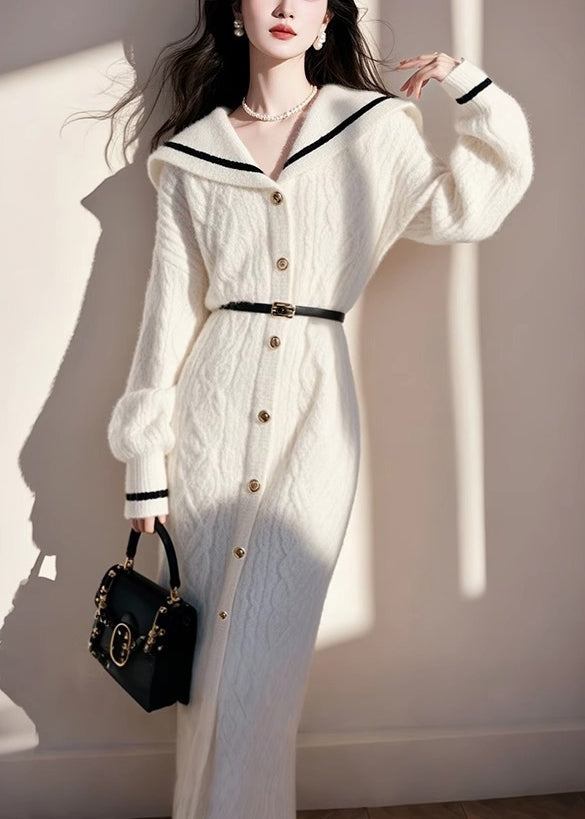 French White Sailor Collar Button Knit Sweater Dress Fall