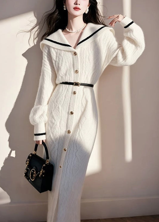French White Sailor Collar Button Knit Sweater Dress Fall