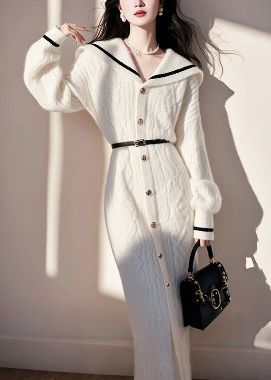 French White Sailor Collar Button Knit Sweater Dress Fall