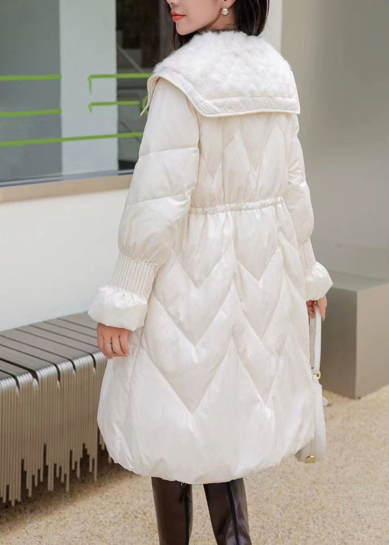 French White Sailor Collar Pockets Patchwork Long Parka Winter