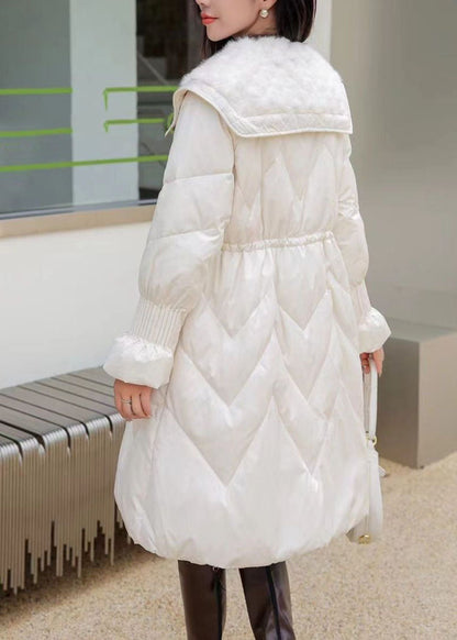 French White Sailor Collar Pockets Patchwork Long Parka Winter