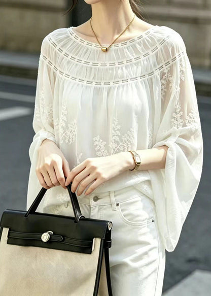 French White Slash Neck Embroidered Shirt Top Long Sleeve
