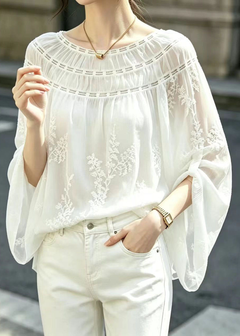 French White Slash Neck Embroidered Shirt Top Long Sleeve
