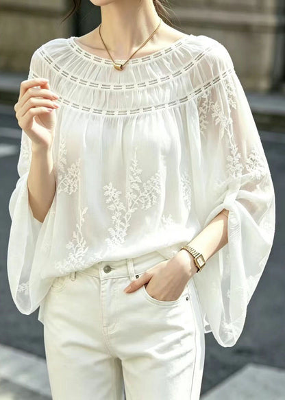 French White Slash Neck Embroidered Shirt Top Long Sleeve