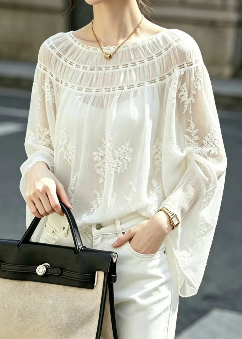 French White Slash Neck Embroidered Shirt Top Long Sleeve