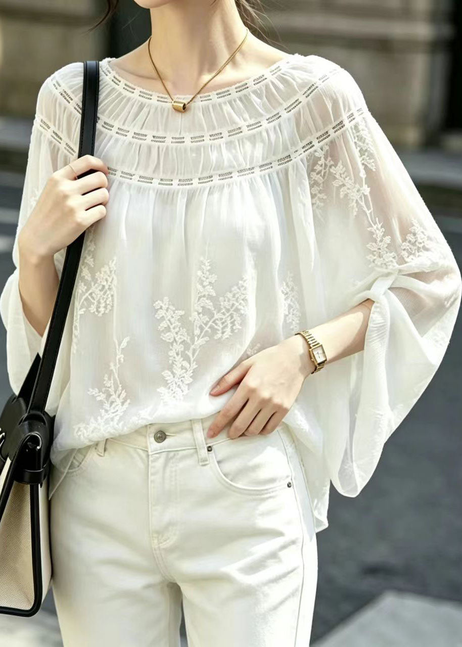 French White Slash Neck Embroidered Shirt Top Long Sleeve