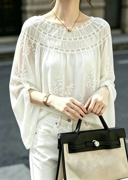 French White Slash Neck Embroidered Shirt Top Long Sleeve