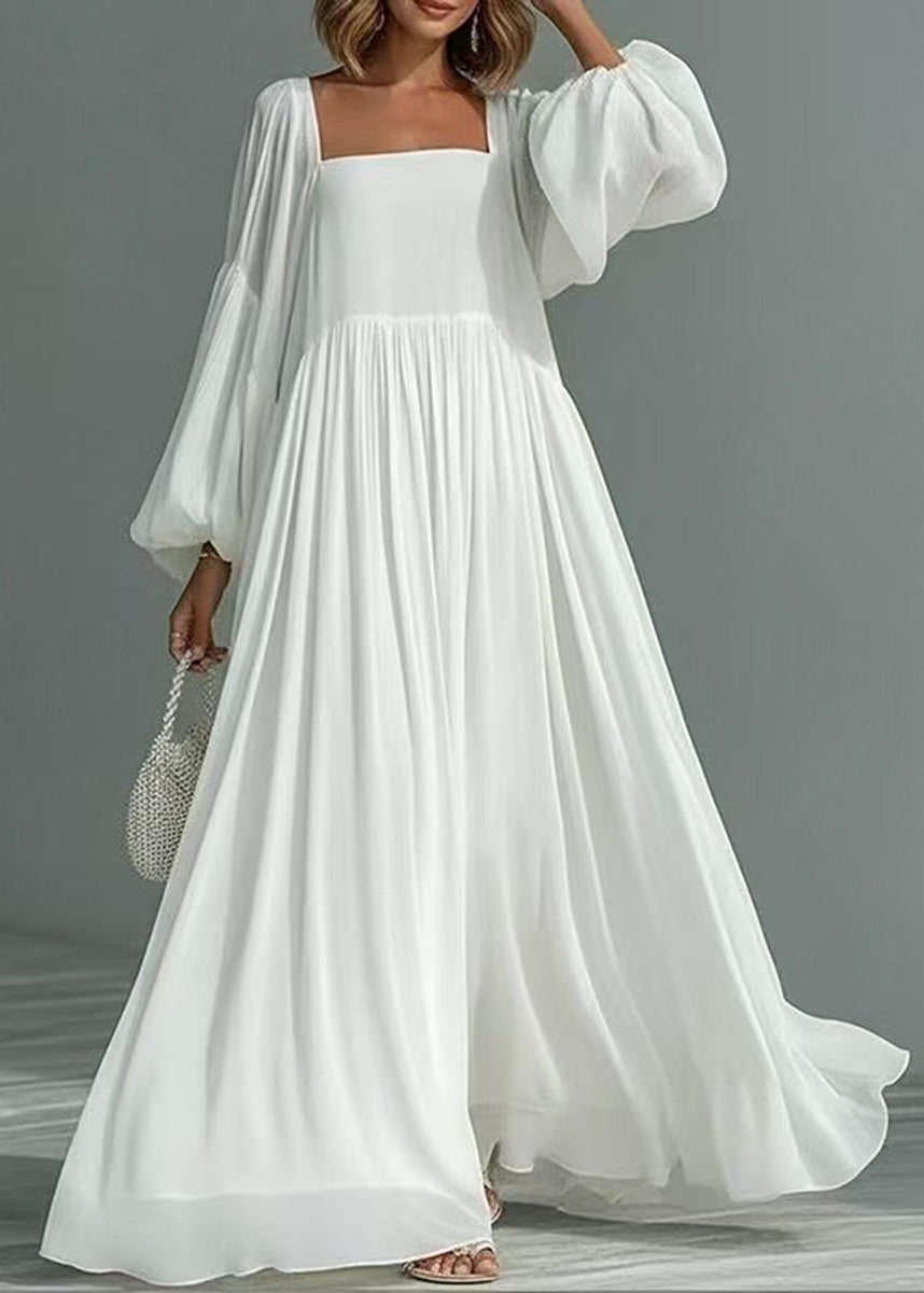French White Square Collar Exra Large Hem Vacation Dress Lantern Sleeve