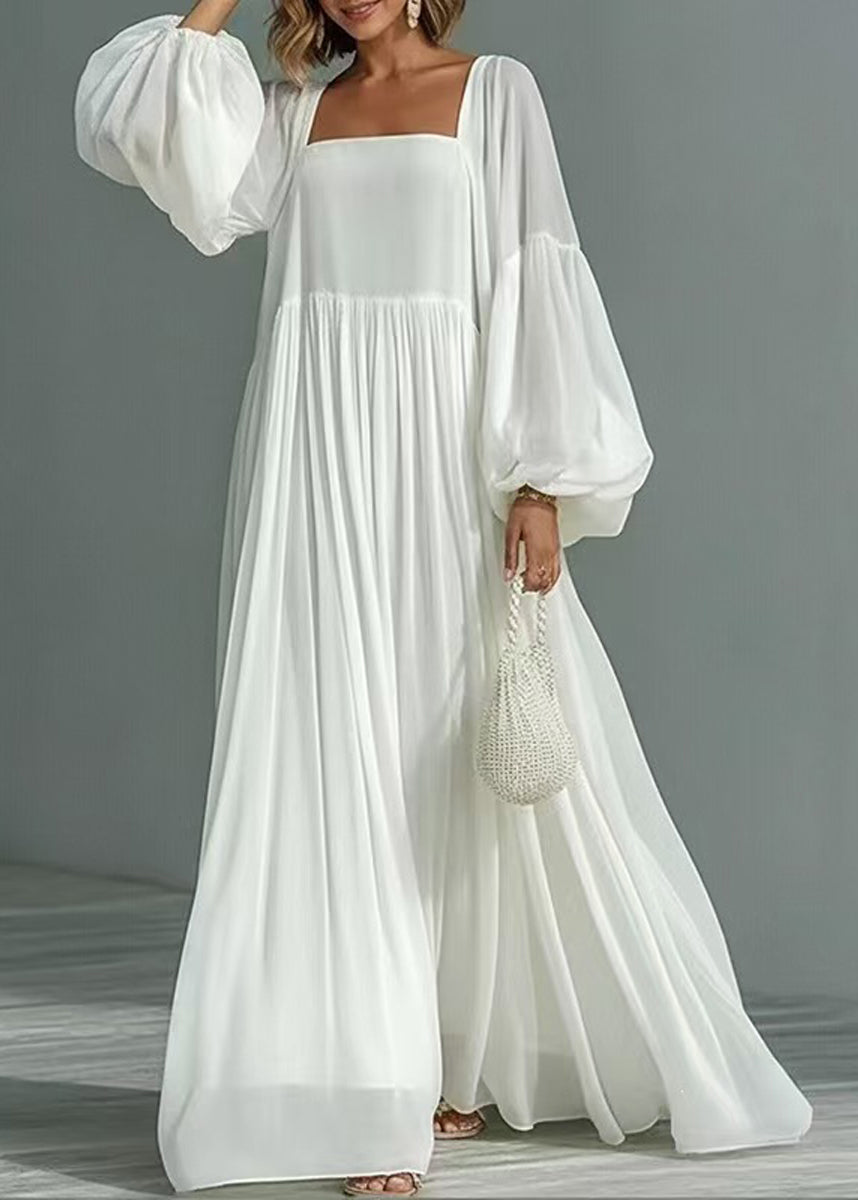 French White Square Collar Exra Large Hem Vacation Dress Lantern Sleeve