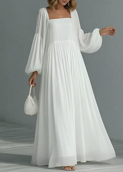 French White Square Collar Exra Large Hem Vacation Dress Lantern Sleeve