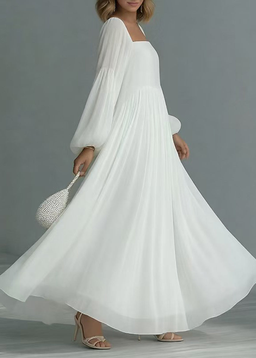 French White Square Collar Exra Large Hem Vacation Dress Lantern Sleeve
