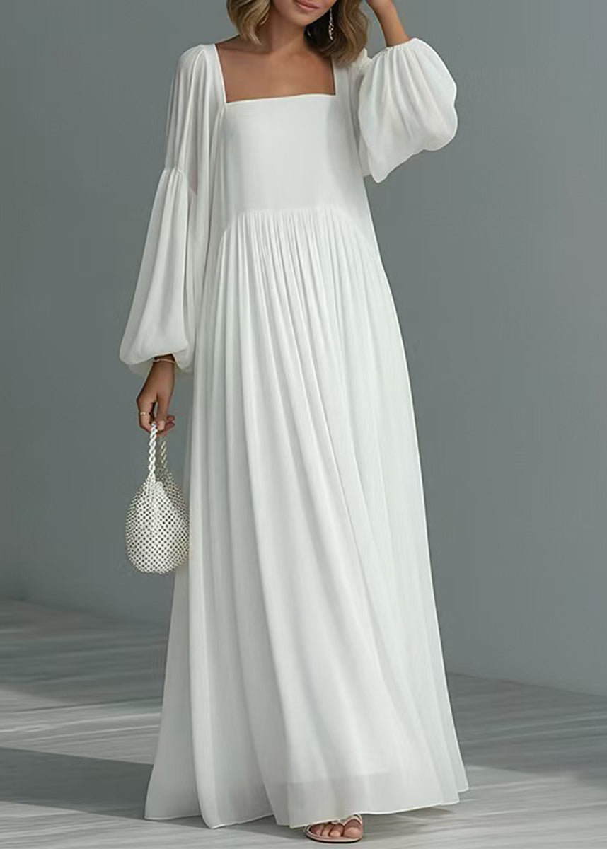 French White Square Collar Exra Large Hem Vacation Dress Lantern Sleeve