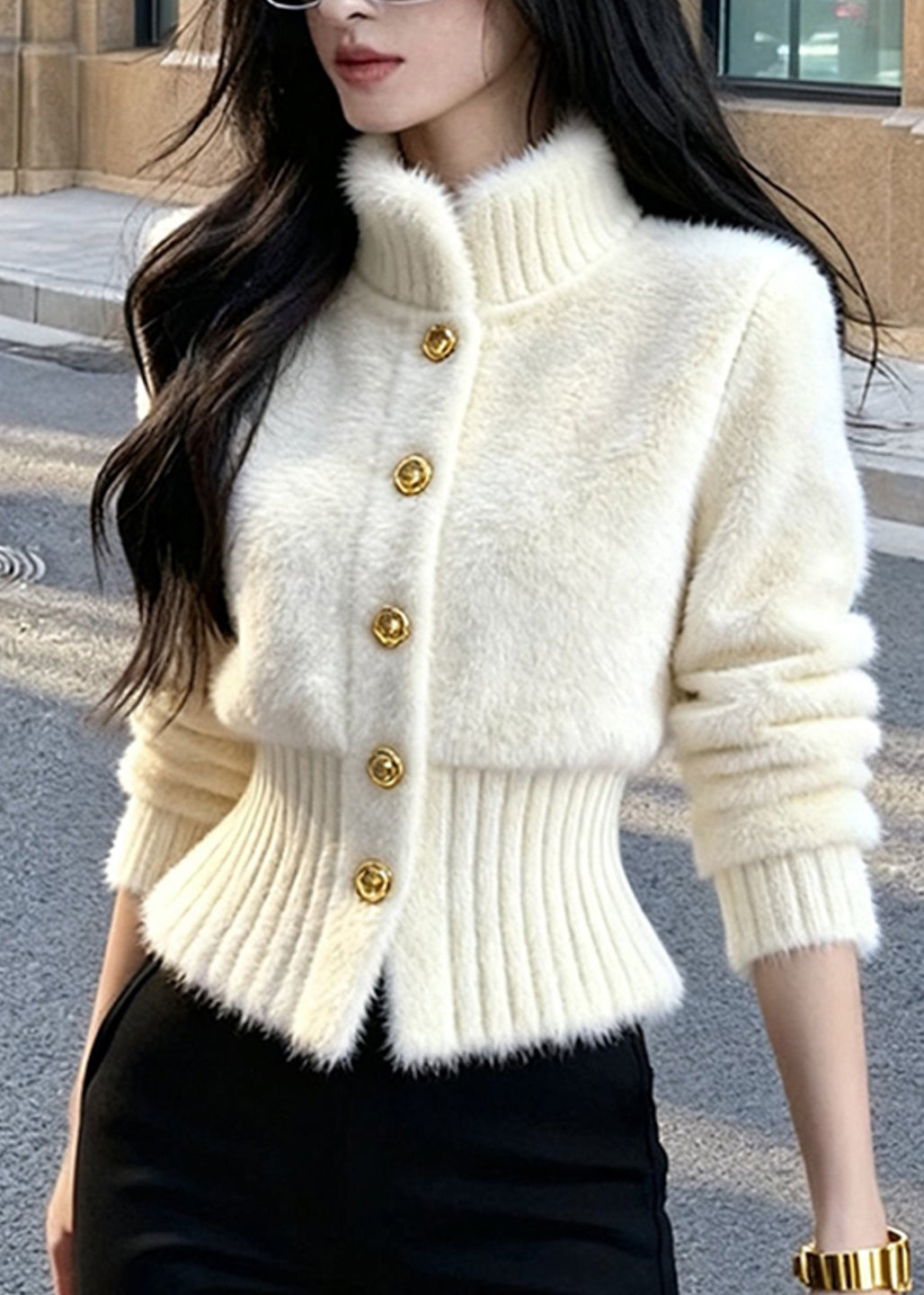 French White Stand Collar Button Knit Cardigans Winter