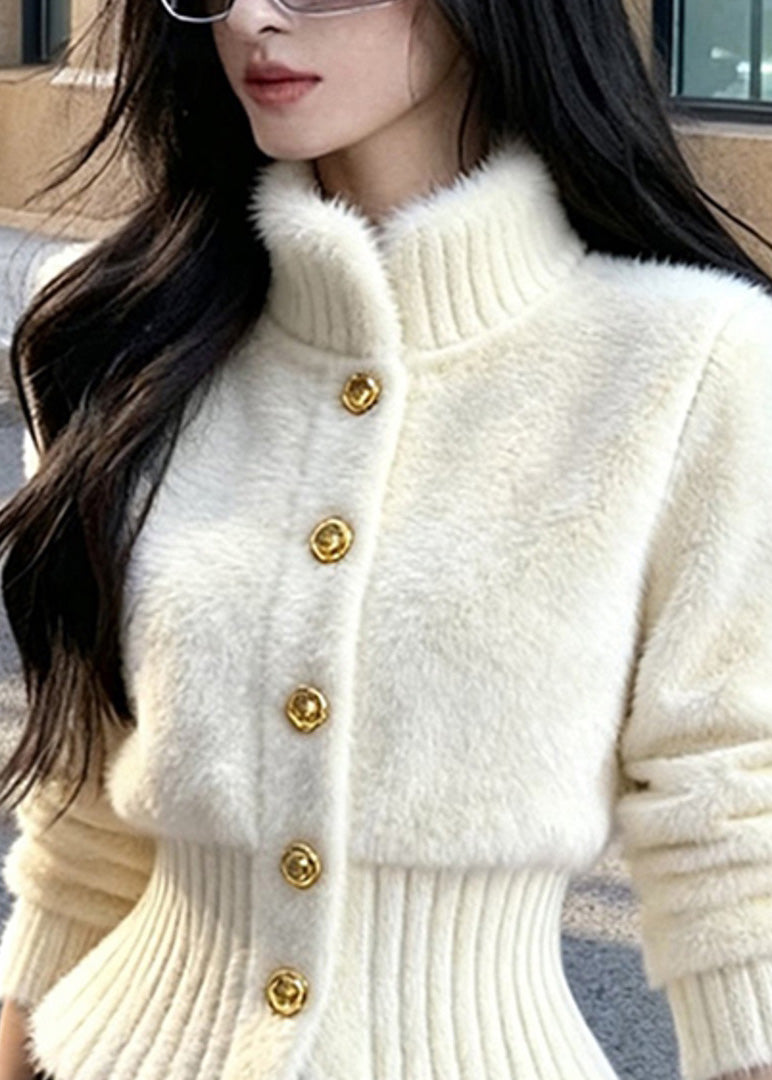 French White Stand Collar Button Knit Cardigans Winter